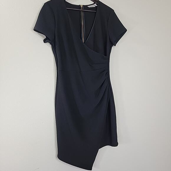 Bisou Bisou Black Ruched V-Neck Dress Gold Zipper Asym Hem Size 12 Stretchy - Picture 2 of 7